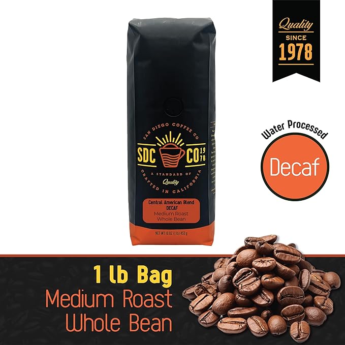 San Diego Coffee DECAF Central American Blend, Medium Roast, Whole Bean Coffee, 16-Ounce Bag Café en grano tostado descafeinado