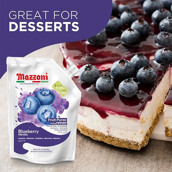 Mazzoni Blueberry Puree, 100% Pure Blueberries, Just Fruit, No Sugar Added, 2.2 lbs (35.2 oz) RMixer for Cocktails, Drinks, Smoothies. Convenient Pouch, Made in Italy (Pack of 2)