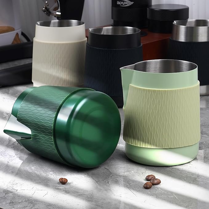 IKAPE Espresso Milk Pitcher, 15.04/450ml Milk Frothing Jug without Handle, Espresso Steaming Pitcher with Sharp Spout for Espresso Barista Tool(green)