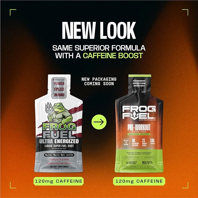 Frog Fuel Ultra Energy Gel & Energized Pre Workout Shot with 120mg Caffeine, 1500mg Beta Alanine, Electrolytes 8g Protein Nano-Hydrolyzed Grass Fed Collagen, 10g Carbs, Berry, 1.2 oz Packets, 24 Pack