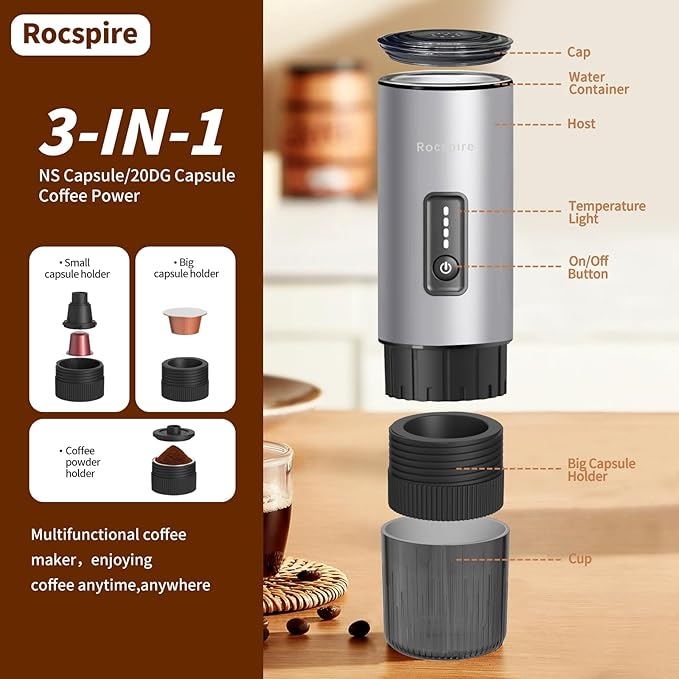Stainless Steel Portable Espresso Maker | 7500mAh Rechargeable Battery | 20 Bar Self-Heating with USB-C | Works with Most Capsules Compatible for Camping, Travel, Outdoor (Silvery)