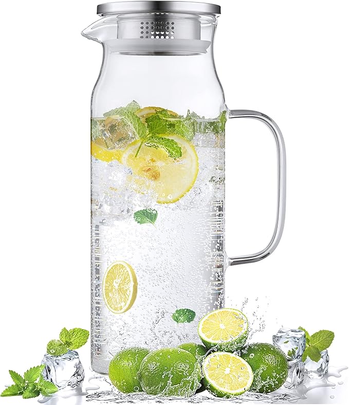 1.6 Liter 54 oz Glass Pitcher with Lid and Spout, Bivvclaz Glass Carafe Water Pitcher for Hot/Cold Water, Iced Tea, Drinks, Coffee, Juice and Homemade Beverage
