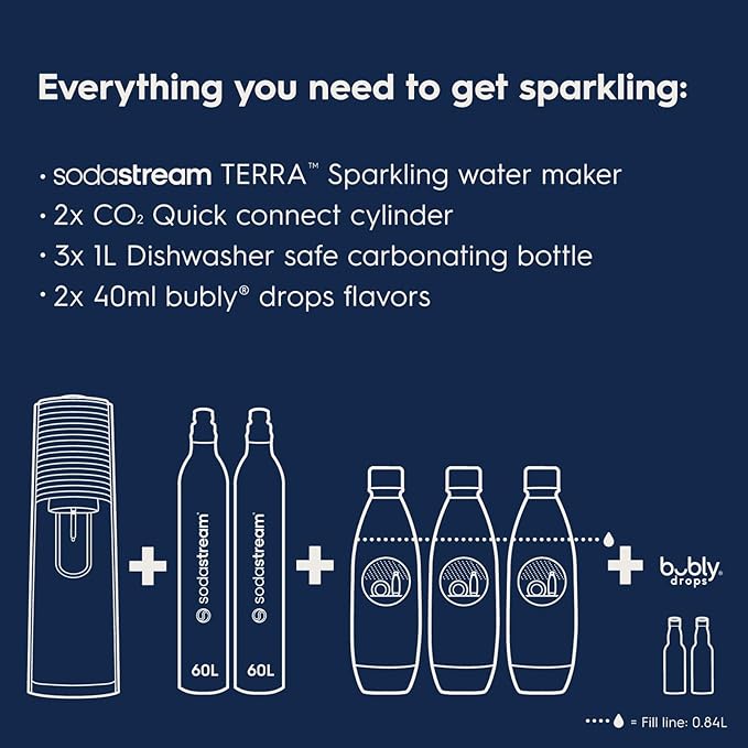 SodaStream - Terra Sparkling Water Maker | VALUE BUNDLE | CQC CO2 system | Includes 2x CO2 Cylinders, 3x 32 Fl Oz Dishwasher Safe Bottles, 2x Bubly Flavor Drops | Combine with Pepsi Flavors | White