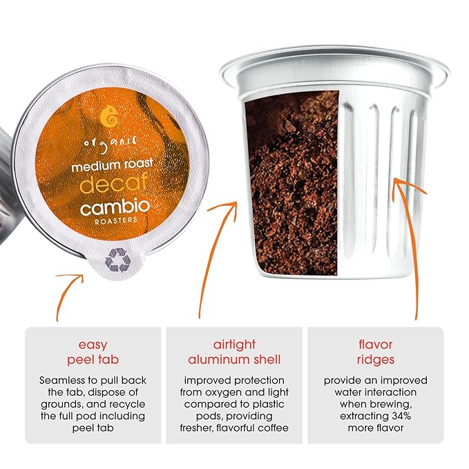 Cambio Roasters Organic Decaf Coffee Keurig KCups, Lower Acid Decaf Coffee K Cups for Any Time of Day, The Only Aluminum Medium Roast Pods Compatible with Keurig, Organic Coffee K Cups, 60 count
