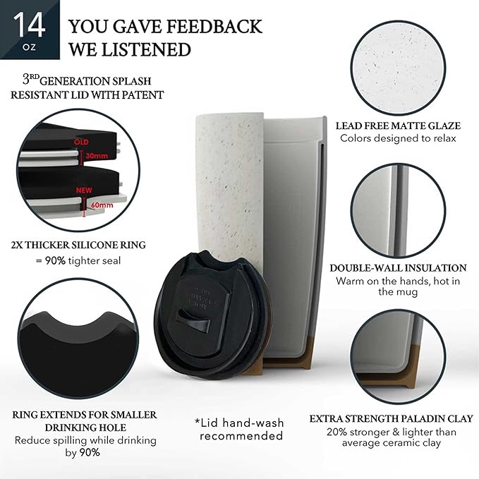 Mora Double Wall Ceramic Coffee Travel Mug with Lid, 14 oz, Portable, Microwave, Dishwasher Safe, Insulated Reusable Tall Cup, Splash Resistant Lid - To Go Tumbler for Car Cup Holder, Overcast Grey