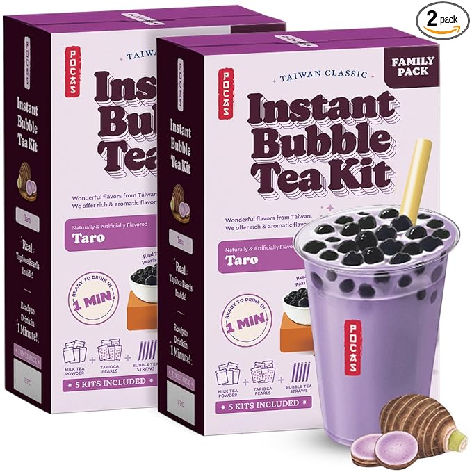 Pocas Bubble Tea Kit, Taro 2-Pack – Instant Milk Tea Powder with Authentic Tapioca Pearls for Instant Bubble Tea, 10 Kits
