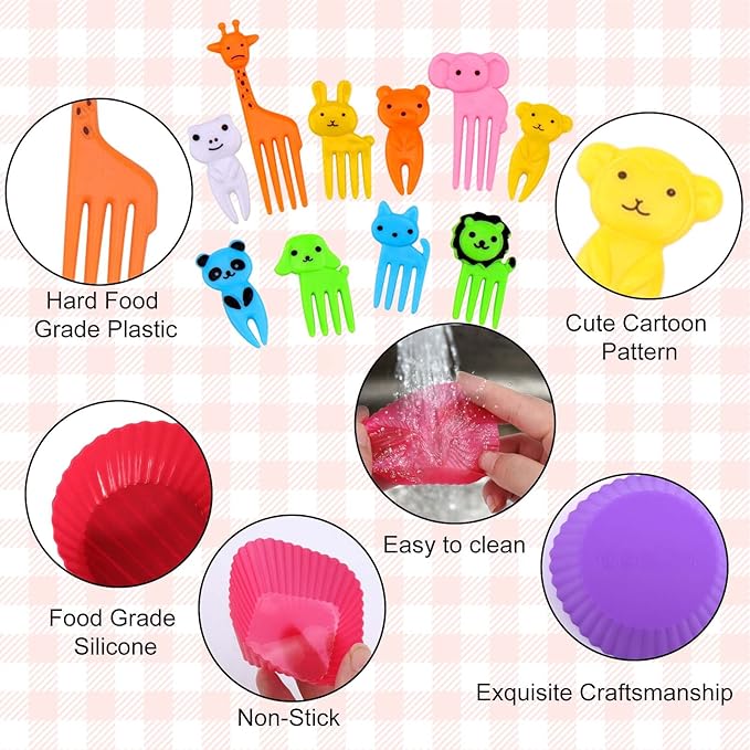XANGNIER 60 Pcs Silicone Lunch Box Dividers with Animal Food Picks,Reusable Lunch Bento Box Accessories for Kids,Lunchbox Supplies Accessories,Back to School Lunch Essentials,Silicone Cupcake Liners