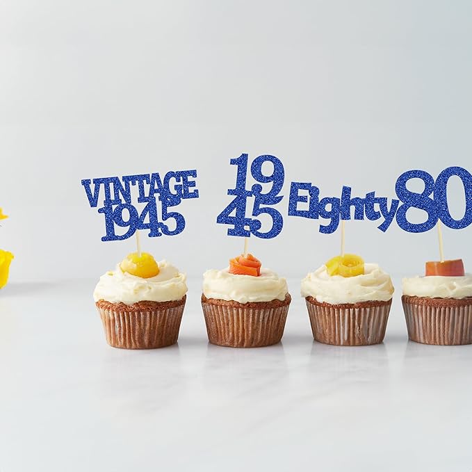 Gyufise 24Pcs Vintage 1945 Cupcake Toppers Glitter Cheers to 80 Fabulous Eighty Cupcake Picks 80th Birthday Wedding Anniversary Party Cake Decorations Supplies Deep Blue