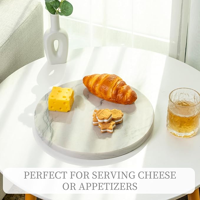 Koville Brazilian Natural Marble Cutting Board for Kitchen, 11inch Round Hand Crafted Marble Slab for Cheese, Charcuterie, Pastry Board - Wedding Gift, House Warming Gift(White Macaubas)