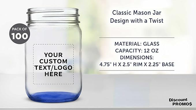 DISCOUNT PROMOS Custom Decorating Mason Jars 12 oz. Set of 100, Personalized Bulk Pack - Glass Jars for Overnight Oats, Candies, Fruits, Pickles, Spices, Beverages - Blue