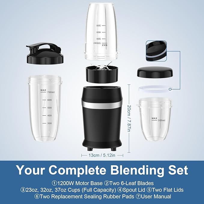 12-Piece Smoothie Blender Maker 25,000 RPM Personal Blender for Ice Crushing Smoothies & Frozen Drinks Nuts with 23oz, 32oz, 37oz Portable Cups Two 6-Leaf Stainless Steel Blades, Satin Black