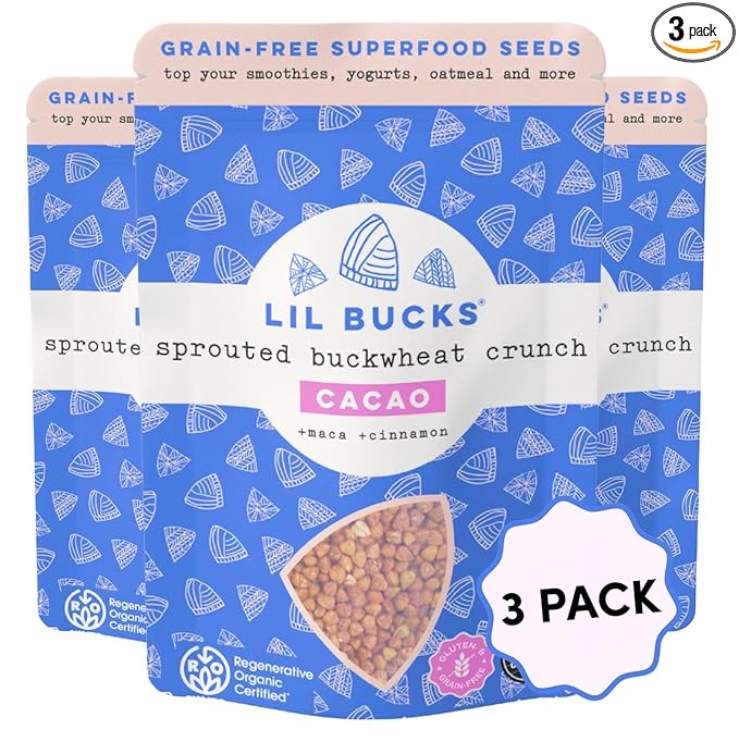 Lil Bucks Sprouted Regeneratively Grown Buckwheat Seeds– Paleo Cereal, Gluten-Free Granola, High in Protein, Low Sugar, Organic Superseed Crunch (CACAO, 3 Pack)