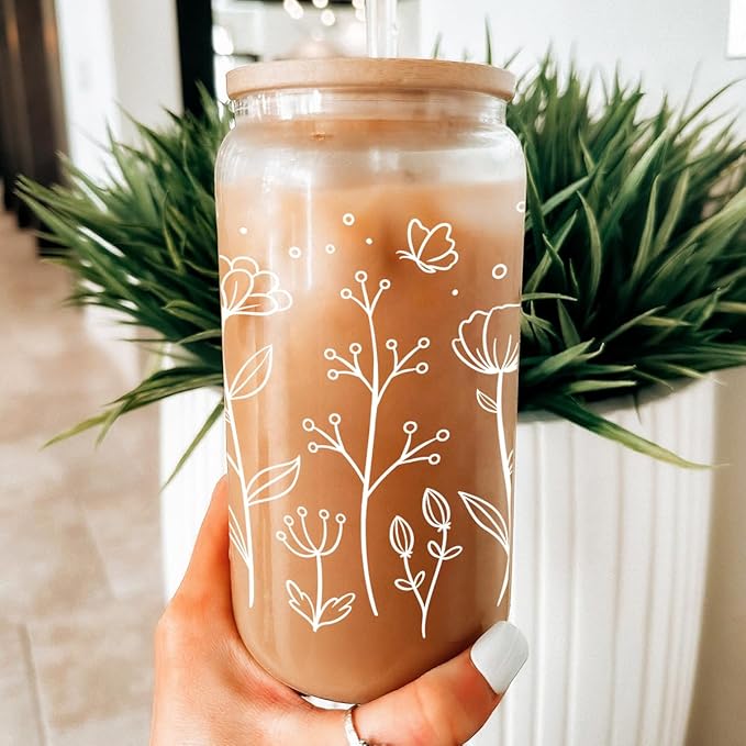 Floral Cup 16 Oz Can Glass with Bamboo Lid and Straw - Flower Glass Cup Gifts for Women - Wildflower Drinking Coffee Gifts
