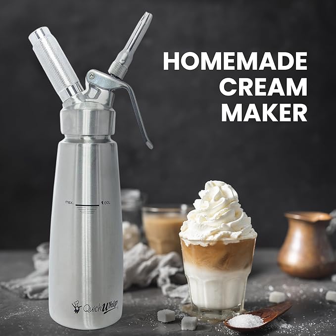 Stainless Steel Whipped Cream Dispenser, Professional Grade Whipper, Full Canister, with 3 Decorating Tip Nozzels, Ideal for Baking, Desserts, & Culinary Creations (1L)