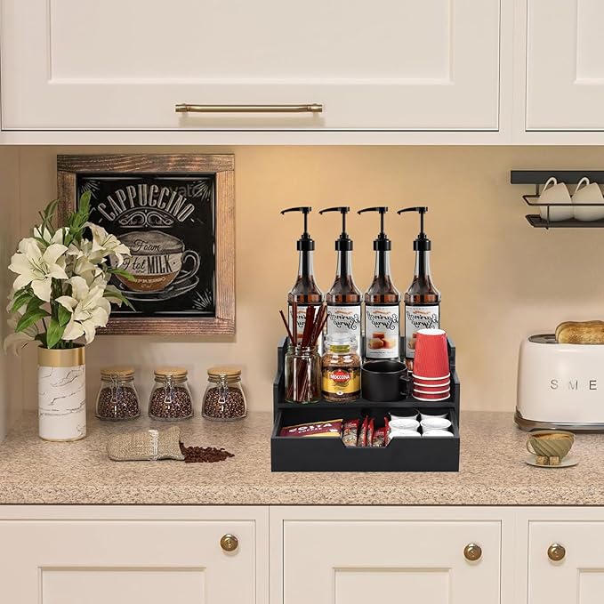 Coffee Pod Holder with Drawer, 3-Tier Wood K Cup Organizer for Countertop, Coffee Bar Organizer Storage Box, Coffee Station Organizer for Kitchen Coffee Station Decor