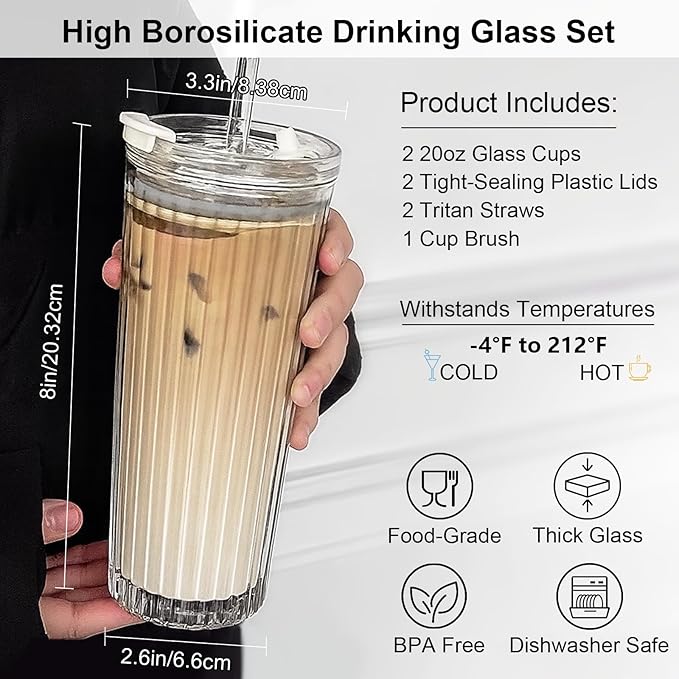 WERTIOO 20 Oz Ribbed Glass Tumblers with Straw and Lid, Glassware Drinking Glasses Set of 2, Leak Proof Ice Coffee Cups Reusable, Thickened Glass, Ideal for Iced Coffee, Smoothies and Juices