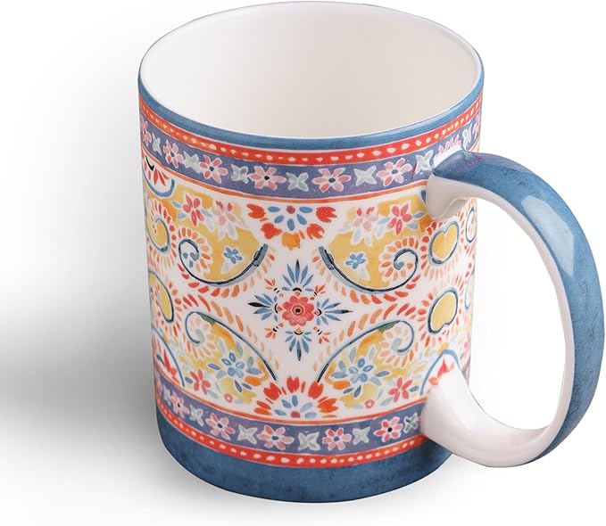Maison d' Hermine Coffee Mug with Handles Fine Bone China Mugs Pack of One Tea Cups for Hot Beverages Cappuccino Latte Home Restaurant Office Perfect for Gift (Indian Floral - Butta, 12 Ounce)