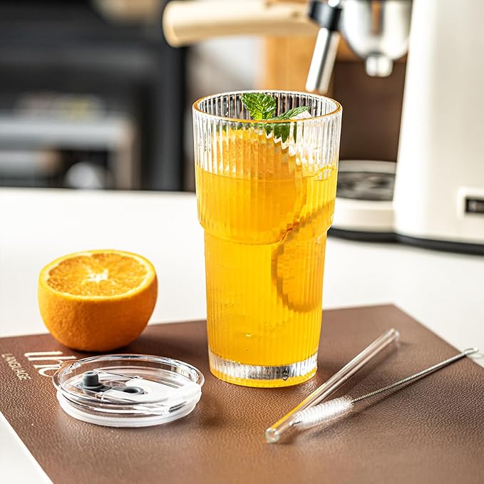 20oz Ribbed Drinking Glasses with Lids and Glass Straws-Thickened Glass cup -Vintage glass straw cups- Ideal for Iced Coffees, Cocktails, Juices, Family Use and Parties (6)