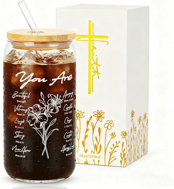 Christian Gifts For Women, Bible Verse Glass Cup with Lid & Straw 16oz Coffee Mugs Tumbler for Birthday Thanksgiving Christmas Gift for Mom Wife Sister Friends Teen Girls