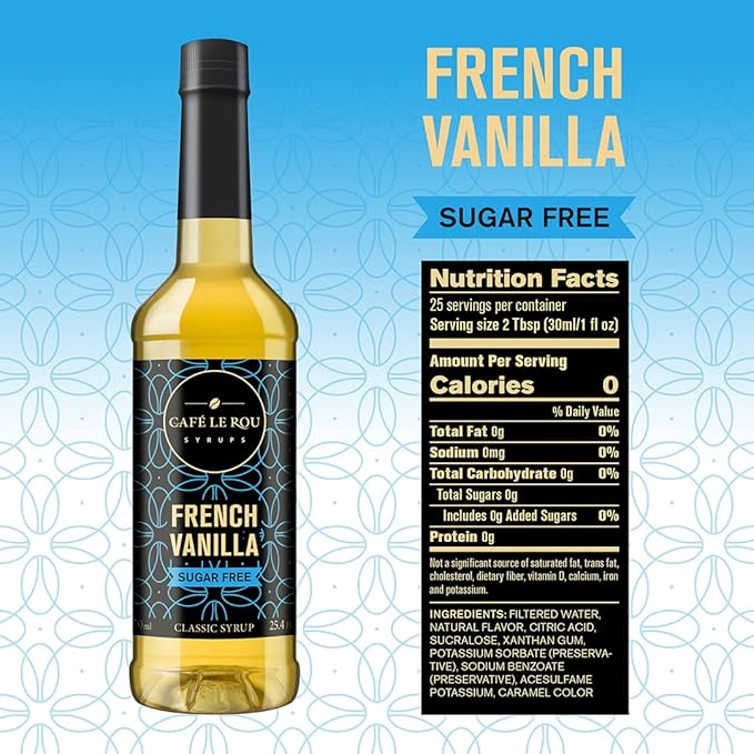 Café Le Rou Coffee Syrup Sugar Free Variety 25.4oz Vanilla, French Vanilla, Caramel, Salted Caramel, Hazelnut - (Sugar Free Variety, 5-Pack) Flavoring Syrup for Coffee, Tea and Espresso Made in the USA