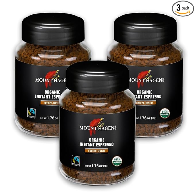 Mount Hagen Instant Espresso Coffee 3 Pack, Eco-friendly Organic Espresso Coffee Made From Medium Roast Arabica Beans, Freeze Dried Instant Coffee, Fair-Trade, Kosher [3x1.76oz/50g Jar]