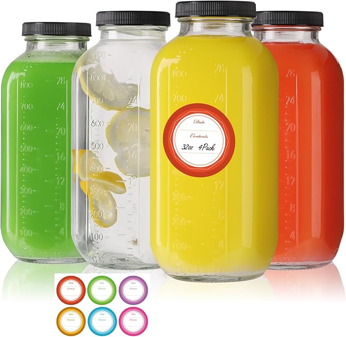 STARSIDE 32 oz Glass Juice Bottles with Lids 4 Pack - Square Reusable Drinking Jars for Juicing, Milk, Kombucha - Includes 1 Bottle Brush, 6 Colored Labels