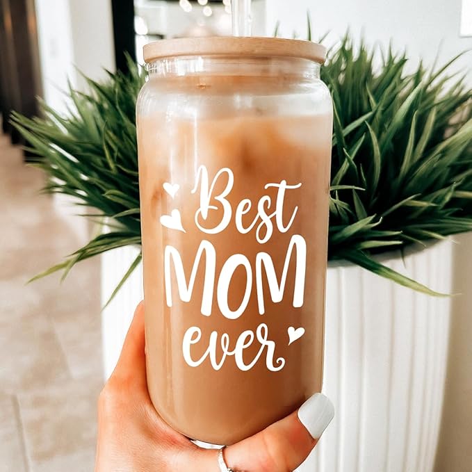Gifts for Mom from Daughter Son - Mom 16 Oz Can Glass Coffee Cup with Bamboo Lid & Straw - Mothers Gift for Women on Birthday Mothers Day Valentines