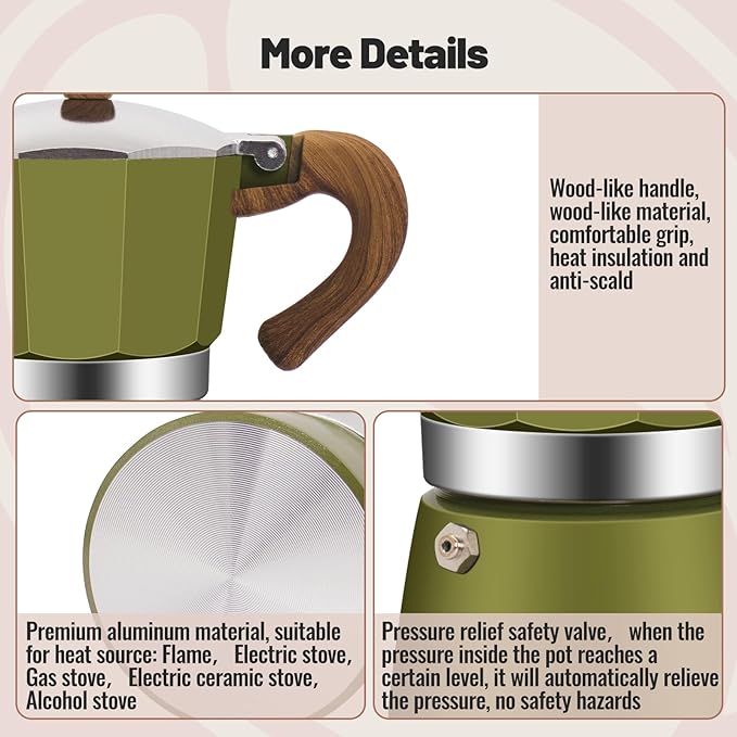 6 Cup Aluminum Moka Pot Classic Stovetop Espresso Coffee Maker 300ml 10oz Coffeemaker Percolator Mocha Pot Greca Coffee Maker Cafe Makers for Italian and Cuban Café Brewing Green