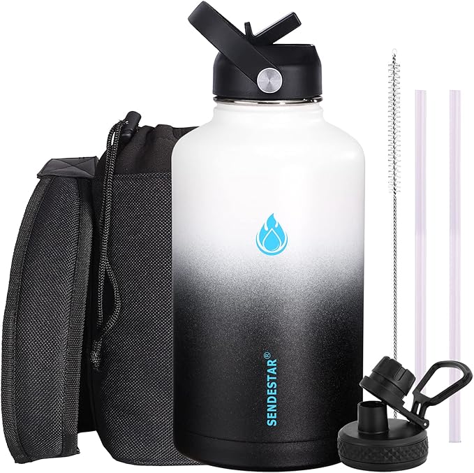 SENDESTAR Water Bottle 64oz Double Wall Vacuum Insulated Leak Proof Stainless Steel Sports Water Bottle—Wide Mouth with New Flex Straw Lid & Spout Lid (Day&Night)