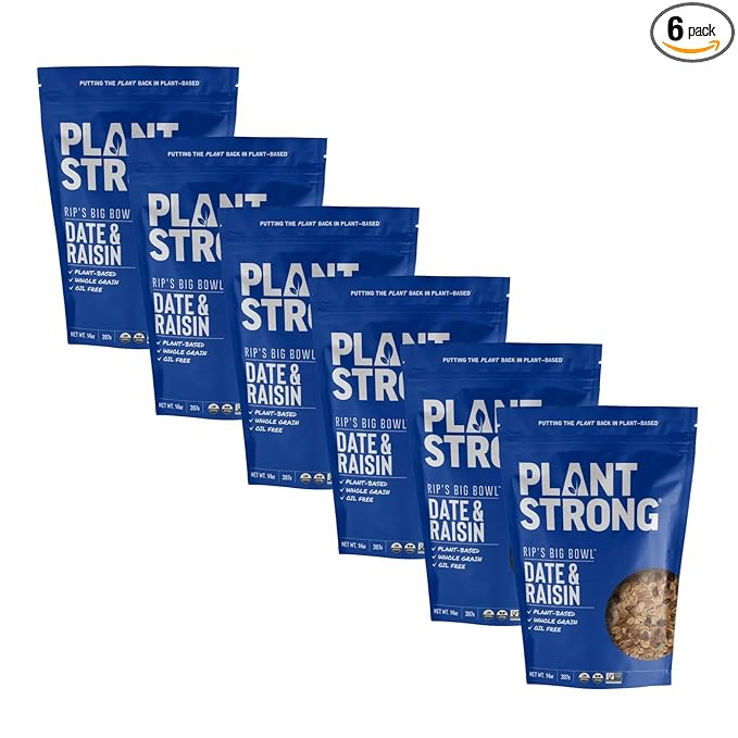 Rip's Big Bowl Cereal - PLANTSTRONG Date & Raisin (6-pack) Non-GMO Whole-Grain Plant-Based Oil Free Pack of 6 x 14oz Bags