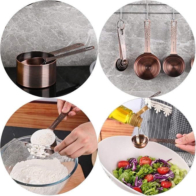Copper Measuring Cups and Spoons Set, Stainless Steel Measuring Tools Set for Baking & Kitchen, Metric & US 4 Copper Plated MeasureCups and 5 Measure Spoons with Leveler for Wet & Dry