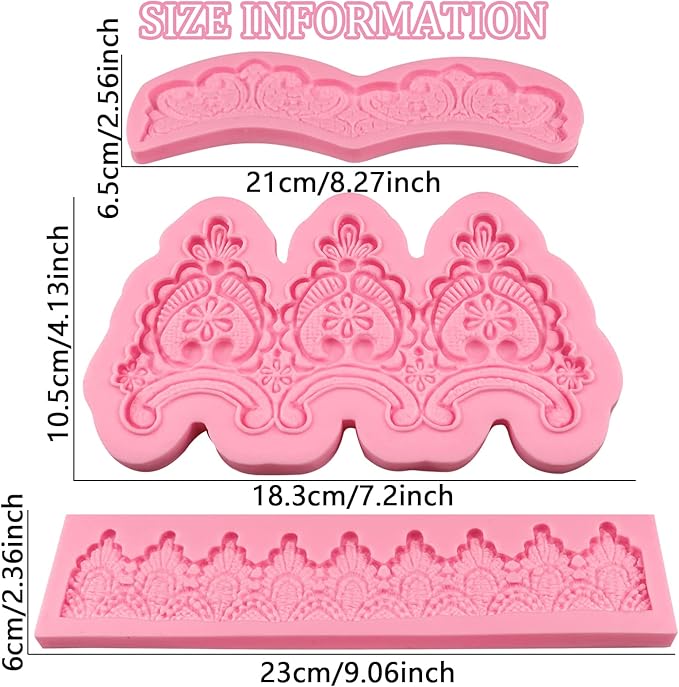 Baroque Embossed Cake Decorating Mold 3pcs, Lace Fondant Silicone Molds for Chocolate Candy Mousse Butter Biscuit Marzipan Sugar Craft Cake Border Cupcake Topper Dessert Display Resin Gypsum Clay