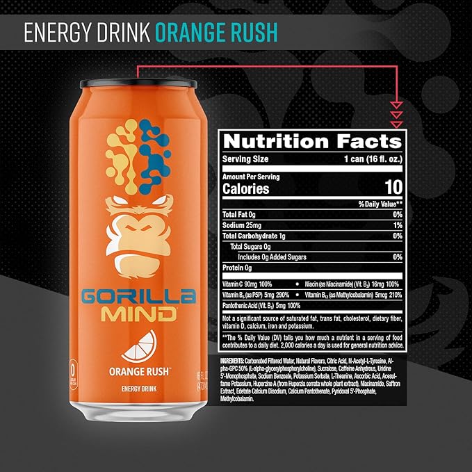 Gorilla Mind Energy Drink | Unmatched Energy · Amplified Focus | N-Acetyl-L-Tyrosine, Alpha-GPC, 200mg Caffeine, Uridine, Saffron | 0 Sugar Or Artificial Colors | 16oz, 12-Pack (Orange Rush)