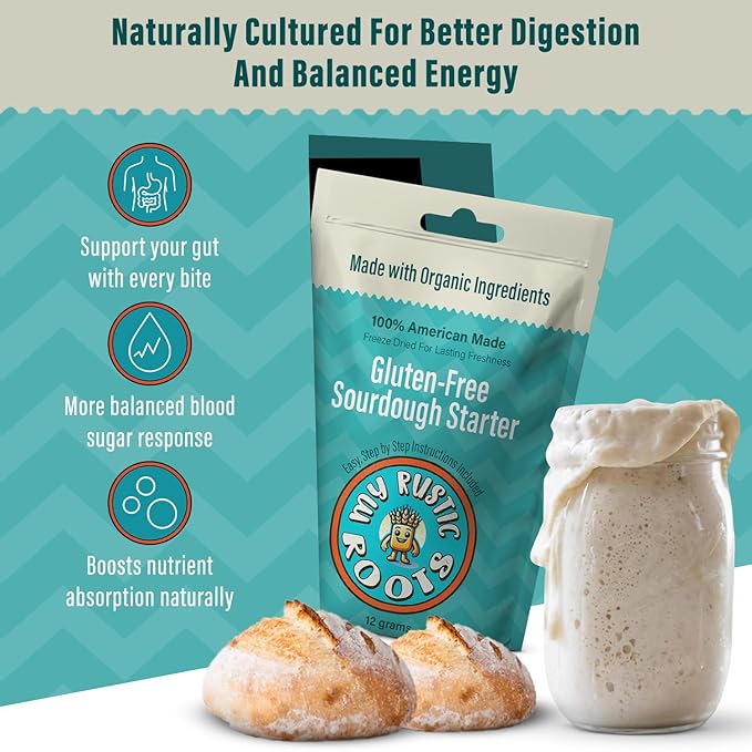 MY RUSTIC ROOTS Gluten Free Sourdough Starter Culture – All Natural & Organic Sourdough Bread Starter - Beginner Friendly - Perfect for Baking Delicious Homemade Artisan Bread, Pizza & More - 12g
