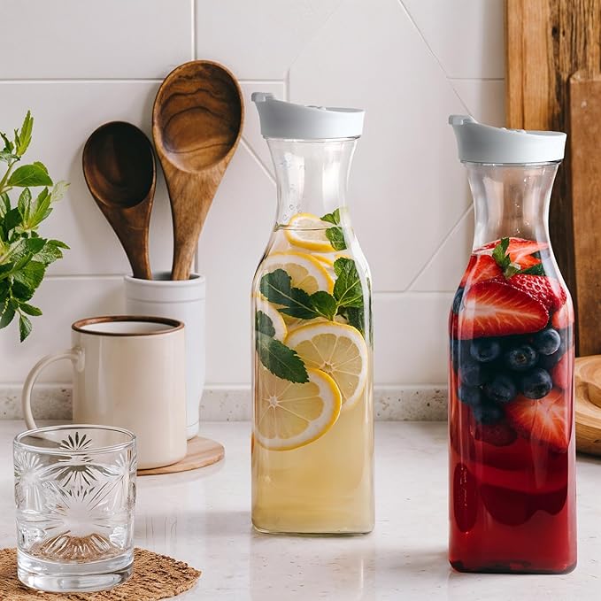 GUSTO [50 oz - 8 Pack] Plastic Carafe with Lid, Large Capacity Square Base - Clear Pitcher with Flip Top Lid, Easy-Pour Spout Juice Containers with Lids - Perfect for Mimosa Bar, Water, and Cold brew
