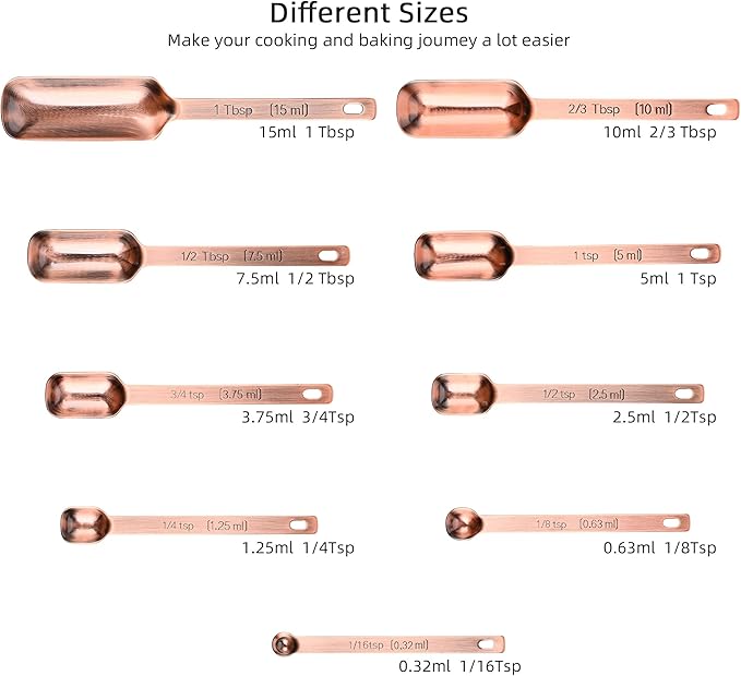Copper Measuring Cups and Spoons - 17 Piece Set, 7 Cups and 9 Spoons with 1 Leveler for Kitchen