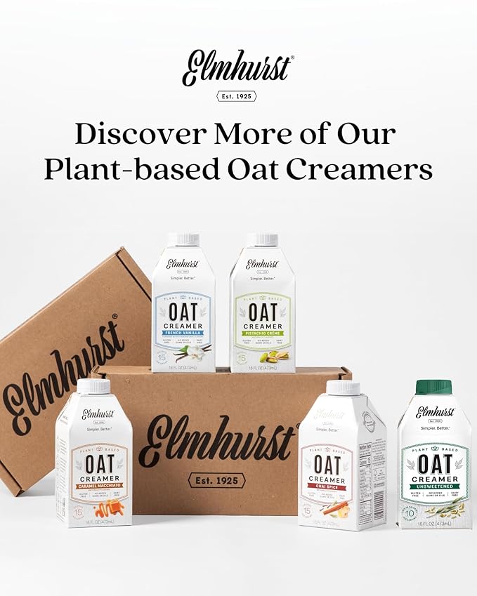 Elmhurst 1925 Caramel Macchiato Oat Creamer - 16 Ounce (Pack of 6) Dairy-Free, Vegan, Kosher, Low Sugar, Shelf Stable Creamer Made with Oat Grains & Caramel for Simpler Plant Based Alternatives