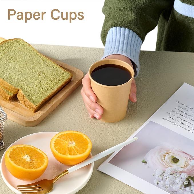 LITOPAK 100 Pack 8 oz Kraft Paper Coffee Cups for Water, Juice, and Tea, Disposable Hot Coffee Cups for Home, Restaurant, Store, and Cafe