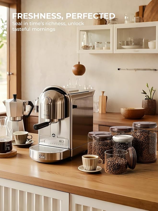 Borosilicate Glass Coffee Jar 600 ml – Pop Top Airtight Coffee Canister with CO2-Release Valve, 7 Oz Coffee Container for Ground Coffee, Brown