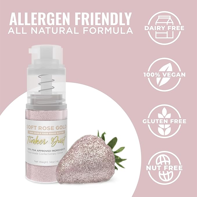 Bakell - Soft Rose Gold Tinker Dust (4g, 1x Mini Spray Pump) Edible Glitter for Food, Desserts, and Beverages!