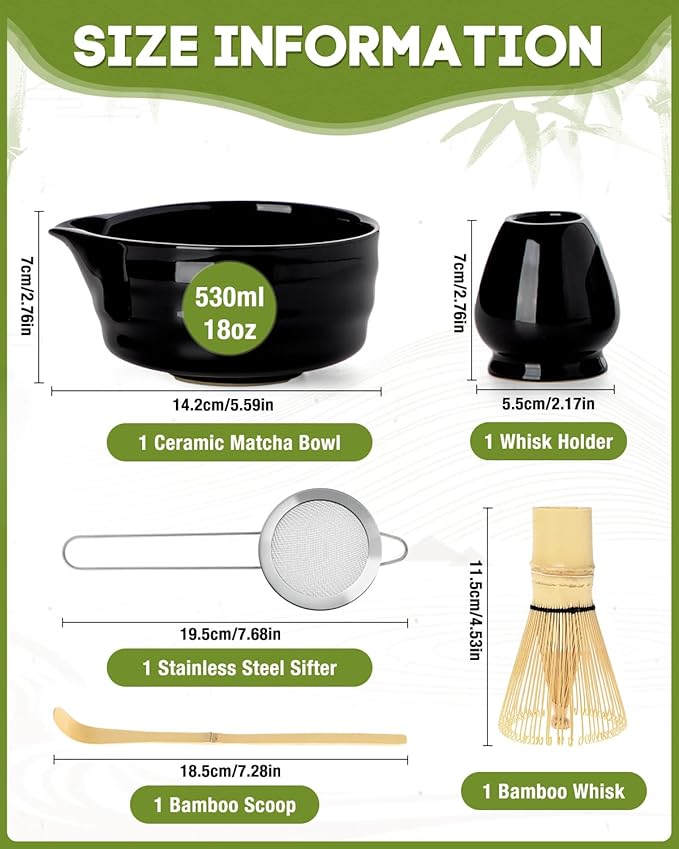 Matcha Whisk Set - 5PCS Matcha Set Includes 17OZ Chawan with Spout, Bamboo Chasen Whisk with Ceramic Holder, Wooden Scoop and Stainless Sifter, Matcha Kit for Ceremony, Gift for Matcha Lovers