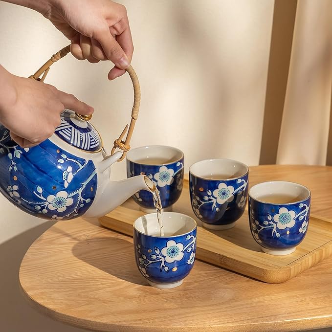 Japanese Tea Set, 25 oz Ceramic Tea Sets with Teapot and Cup Set for 4, Blue and White Tea Sets for Adults with Removable Stainless Infuser and Bamboo Tray, Tea Gifts Set for Tea Lovers
