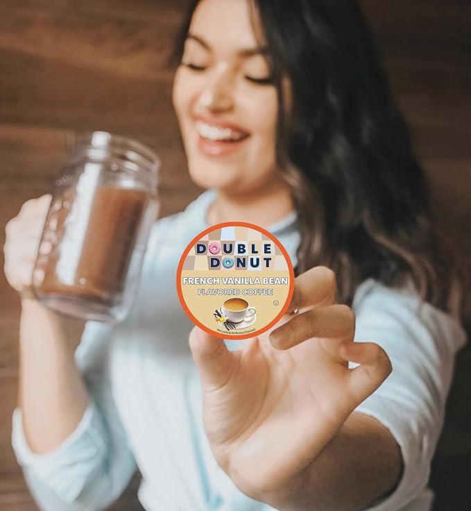 French Vanilla Coffee Pods, Vanilla Bean Flavored in Recyclable Single Serve Vanilla Pods for the Keurig K Cups Coffee Makers, Medium Roast, from Double Donut - 24 Count