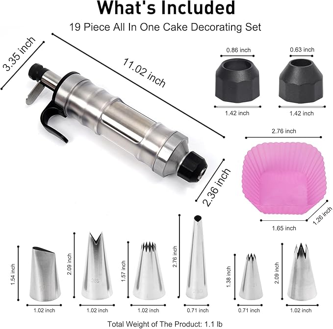 Cake Decorating Kit with 6 Stainless Steel Piping Tips, Frosting Gun & 8 Silicone Cups – Baking Supplies for Cake, Cupcake, Cookie Decorating – Piping Bags and Tips Set for Beginners & Bakers