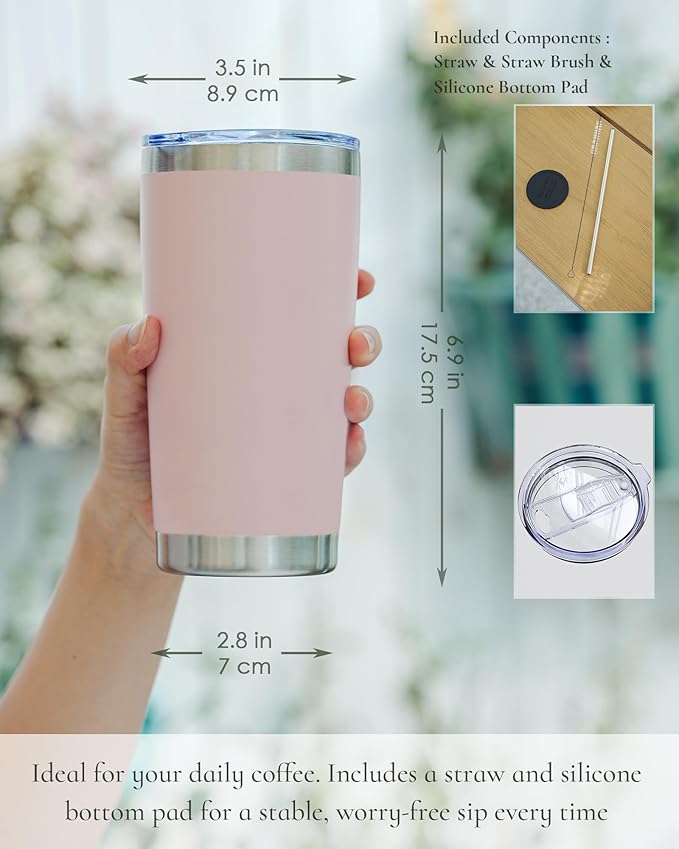 Travel Coffee Tumbler 20oz, 8 Pack Leakproof Travel Coffee Mug with Lid and Straw, Stainless Steel Double Wall Vacuum Insulated Tumbler for Hot/Iced Drinks (Textured Matte, Soft Pink)