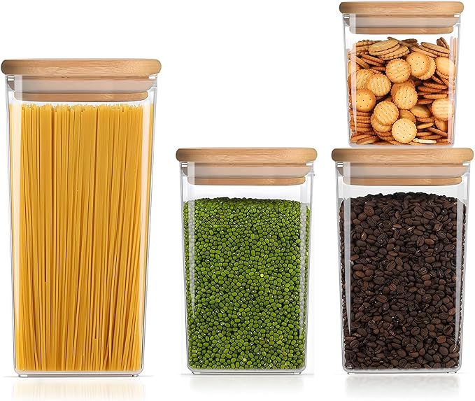 Square Storage Containers with Lids, Clear Food Storage Container Jar with Sealing Bamboo Lid for Noodles Flour Cereal Rice Sugar Tea Coffee Beans