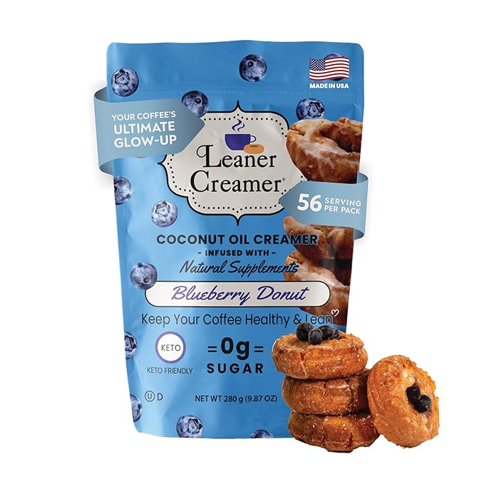 Leaner Creamer Coconut Creamer with Superfood Ingredients – Non-Dairy, Sugar-Free, Keto, Gluten-Free Powdered Coffee Creamer – Blueberry Donut – 280g