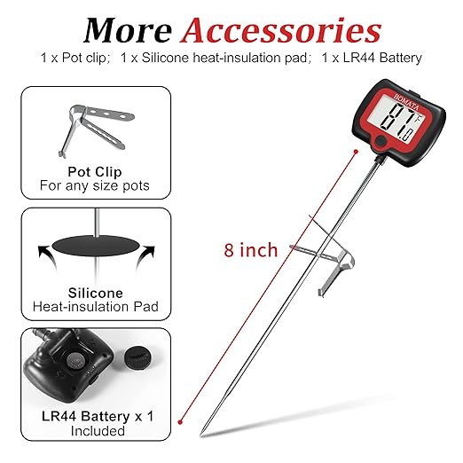 BOMATA Candy Thermometer with Pot Clip, Instant Read Cooking Thermometer with 8" Long Probe, Rotating Display, for Candy Making, Food, Candle Making, Liquids, Water, Baking, Sugar, Grilling. Black
