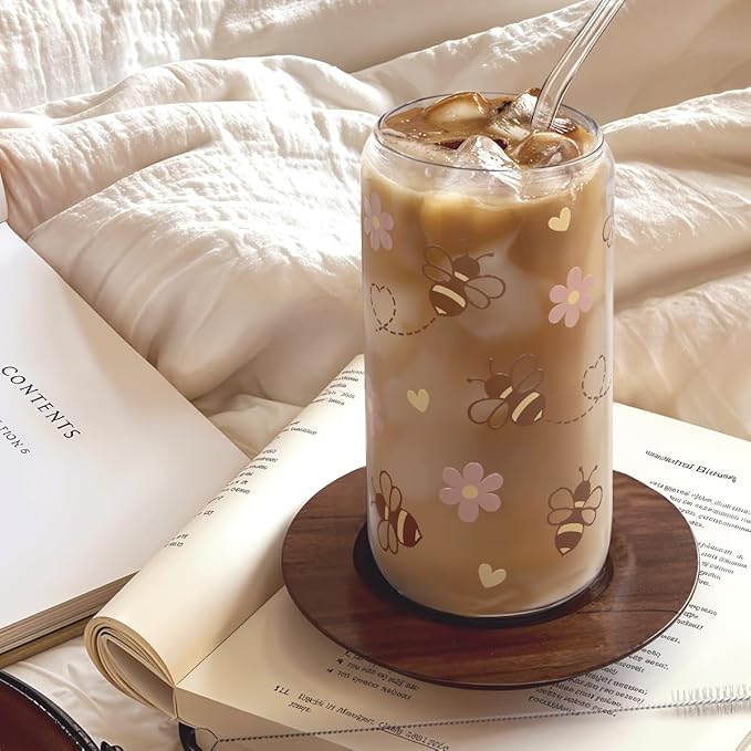 Bee 16oz Can Glass Tumbler with Acrylic Lid & Straw - Iced Coffee Cup for Women Girls, Aesthetic Cups Gifts for Birthday Christmas