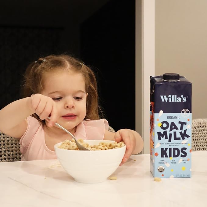 Willa's Organic Kid's Oat Milk Unsweetened with 8g Protein & 240g Calcium, Plant-Based Milk for Kids, Dairy-Free, Low Sugar, 2g Fiber – 32 oz, 6 Pack